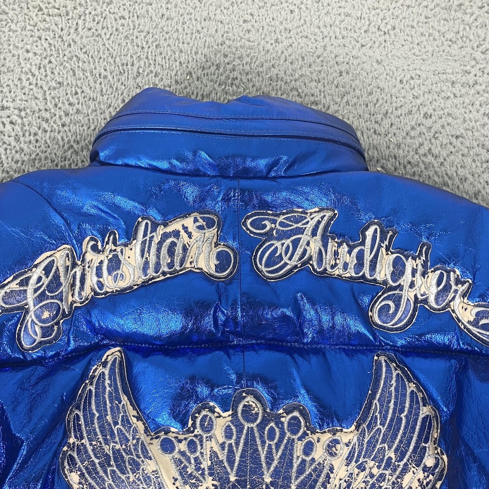Christian Audigier Jacket Mens Medium Blue Leather Puffer Metallic Y2k - Picture 12 of 12